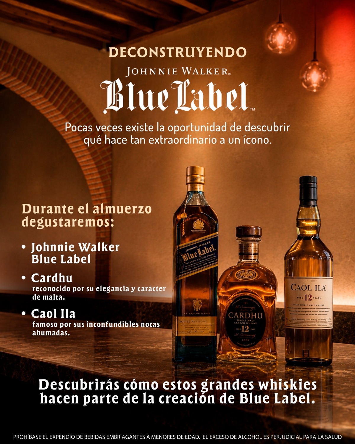 Afiche de Deconstruyendo Johnnie Walker Blue Label, con las botellas de Blue Label, Cardhu y Caol Ila