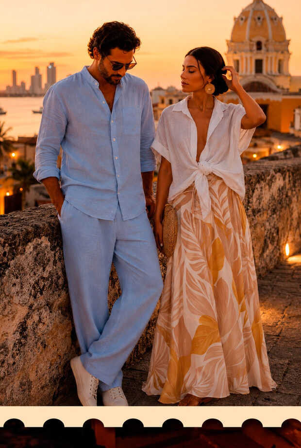 Look Caribbean Chic — conjunto de lino azul claro para Deconstruyendo Johnnie Walker Blue Label
