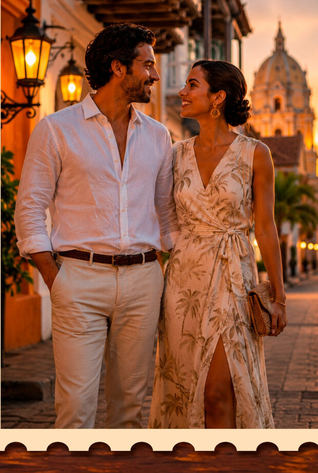 Look Casual Chic para el Opening Night — camisa de lino y vestido de inspiración tropical en Cartagena