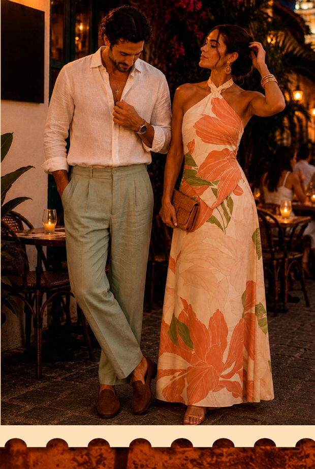 Look Tropical Elegance / Cocktail para el Salón Tropical — vestido de cóctel floral y lino en tonos claros