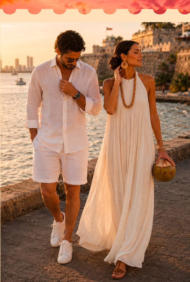 Look Resort White para Sunset on Board Piratas del Caribe — total look blanco frente a la bahía